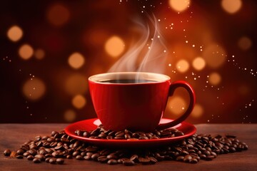 Fototapeta premium A cup of coffee on the table, Christmas lights