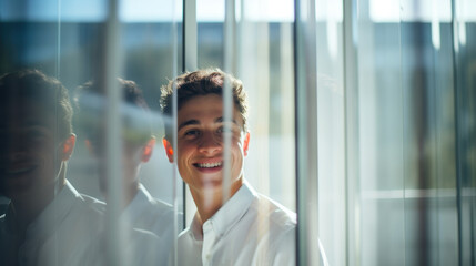 Student reflection on window surface