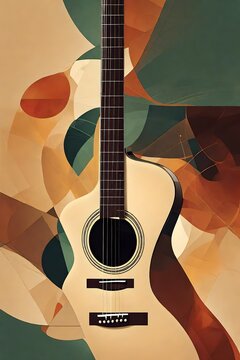 An semi abstract illustration of an acoustic guitar poster done in a cubist style art