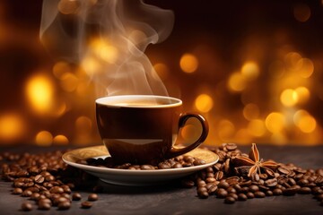 magic photo, postcard. A brown cup of coffee on the table and coffee beans, lights