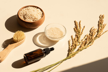 Homemade healthy rice water - natural toner for skin and hair care. Eco cosmetics. Flat lay...