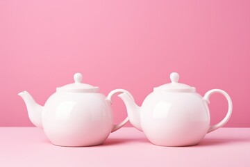 Two white porcelain teapots lying on a pink background.