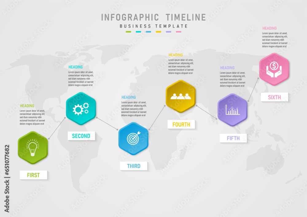 Poster infographic 6 steps business options hexagonal multi-colored line in the middle with icons, lines an