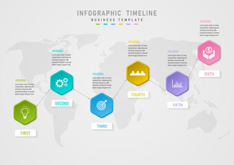 Infographic 6 steps business options hexagonal multi-colored line in the middle with icons, lines and dots in between, bottom square with letters on top, map text on bottom, gray gradient background.