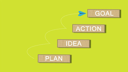 Curved line arrow rising jump step up the stair blocks from  plan, idea, action to goal on the top block on blue background. Business goal, success, growth marketing, and trends concepts in 2024.