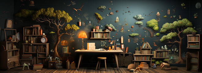 preschool drawing on blackboard and wall with educational materials on the background