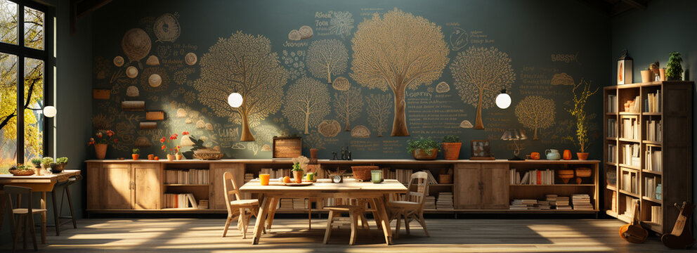 preschool drawing on blackboard and wall with educational materials on the background