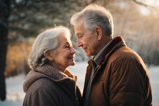 Happy senior couple walking in winter park. They are looking at each other and smiling.