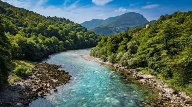 Aerial drone view of valley of the Drina river in Bosnia and Herzegovina in sunny weather. 