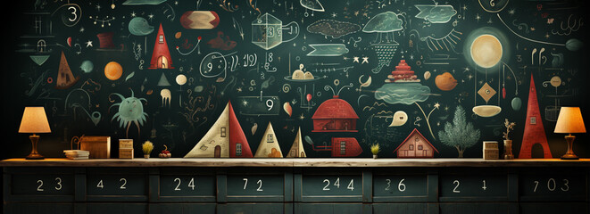 school wallpaper with a blackboard that showcases a vibrant, educational solar system illustration