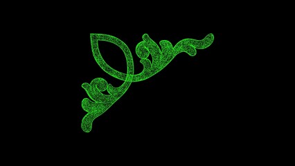 3D beautiful pattern on black background. Object dissolved green flickering particles. Science concept. Abstract bg for title, presentation. Holographic screensaver. 3D animation