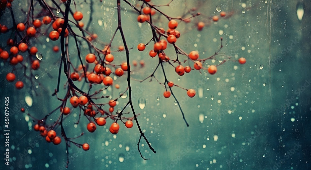 Poster branch with red berries frozen, generative ai.