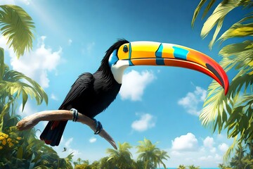 Step into a 3D close-up world as a vibrant toucan spreads its wings under the radiant sun, its feathers shining in HD brilliance against the azure sky - Powered by Adobe