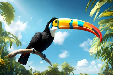 Plexiglas foto achterwand Step into a 3D close-up world as a vibrant toucan spreads its wings under the radiant sun, its feathers shining in HD brilliance against the azure sky © Sikandar Hayat