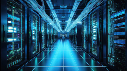 Blue lights in server room and cables panel