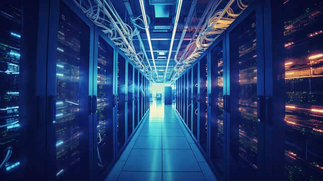 Blue lights in server room and cables panel