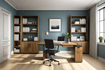 Home office furniture  desk with chair. Workplace ergonomics. Fully editable, interior with cozy atmosphere and bookcases on background  3d render 
