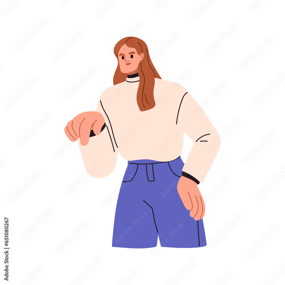 Poster woman pointing down, showing with finger. person gesturing with hand, indicating, advertising, prese