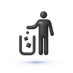 Trash sign 3d on white background. Tidy man symbol, do not litter icon, keep clean, dispose of carefully and thoughtfully symbol. Vector icon illustration