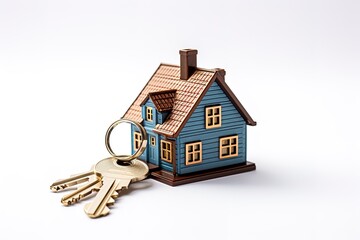 Housing scheme and real estate concept, Mini house toy with key, isolated white background
