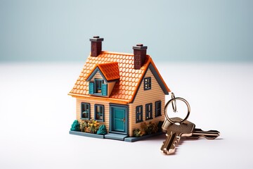 Miniature model house with white background and keys. Concept of buying house. Real estate, realty, home loan, mortgage, home owner. 