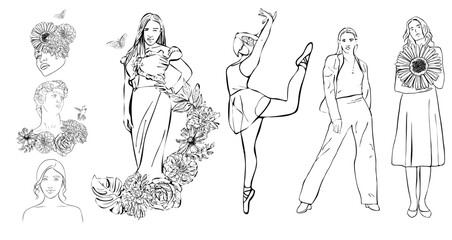 Set of hand drawn vector illustration woman with flowers