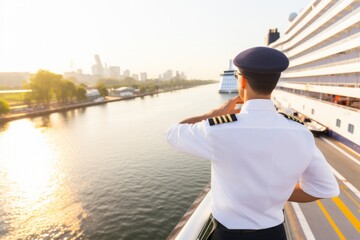 Back view happy excited young cheerful male man captain luxurious cruise crew ship liner tour standing dock elegant uniform. Sailing tourism sea ocean travel people boat yacht marine sailor navigation - obrazy, fototapety, plakaty
