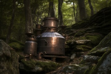 A rustic moonshine still with stone, copper, barrels, and a nearby stream in a mossy forest. Generative AI