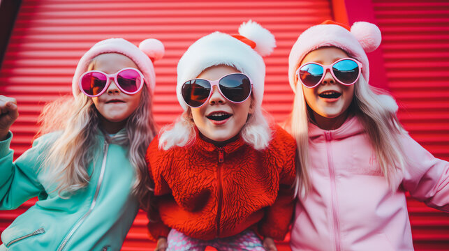 Three little charming cheerful children pose in Santa Claus costumes in a festive mood on the street in front of a solid red garage door. Generative AI.