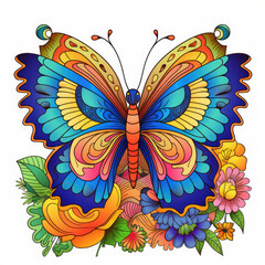 Colouring page for kids, a vibrant butterfly fluttering among colourful flowers AI Generated