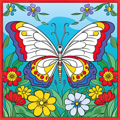 Colouring page for kids, a vibrant butterfly fluttering among colourful flowers AI Generated