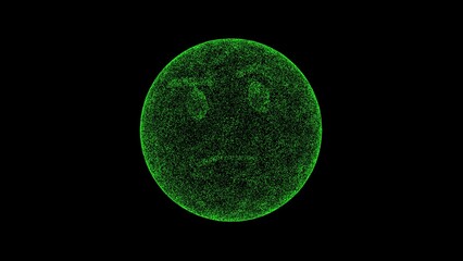 3D sad ball on black bg. Object dissolved green flickering particles. Business advertising backdrop. Science concept. For title, text, presentation. 3D animation