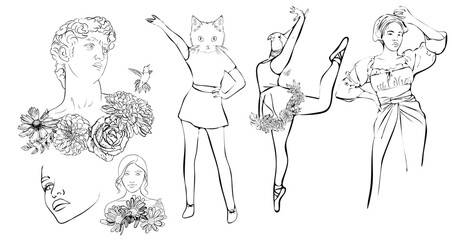 Woman with flowers, ballerina, David sculpture, cat set of vector line illustration