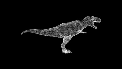 3D dinosaur t-rex on black bg. Object dissolved white flickering particles. Business advertising backdrop. Science concept. For title, text, presentation. 3D animation