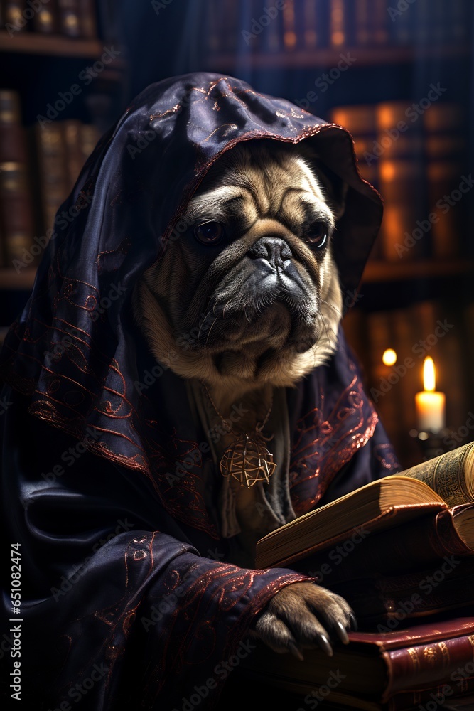 Wall mural Pug dog dressed in robe and holding book.