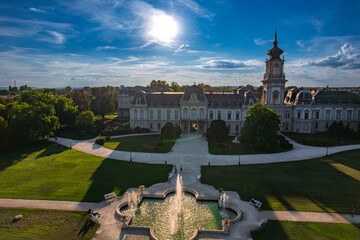 Aerial drone view of The Festetics Palace, Baroque palace located in the Keszthely, Zala, Hungary.
