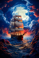 Image of sailing ship in the middle of the ocean.