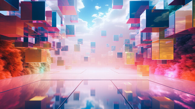 Abstract futuristic background with numerous transparent glass cubes of neon bright colors, surreal scene with clouds. Generative AI.