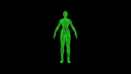 3D female figure on black bg. Object dissolved green flickering particles. Business advertising backdrop. Science concept. For title, text, presentation. 3D animation
