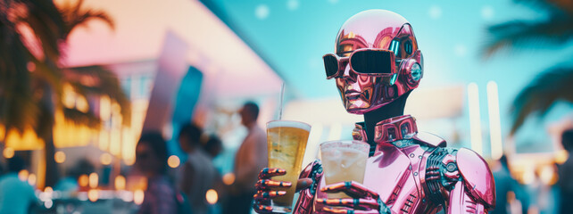 Humanoid robot with cocktails posing in tropical paradise. Future of summer party, futuristic atmosphere. Artificial intelligence concept. Generative AI. - obrazy, fototapety, plakaty