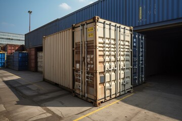 Container containing finished products with boxes on pallets, located near warehouse area and hangars. 20-ft container. Generative AI