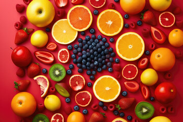 Creative flat lay composition of various fruits, Generative AI