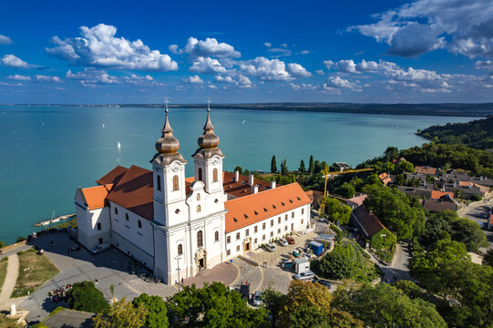 Tihany, Hungary - Aerial panoramic view of the famous Benedictine Monastery of Tihany, Lake Balaton