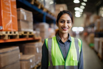 portrait of a smiling logistician working in a warehouse full of boxes, packages and pallets