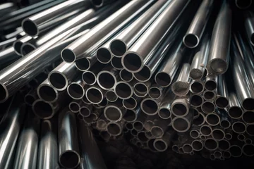 Rolgordijnen pile of bright metal tubes. Generative AI © Evander