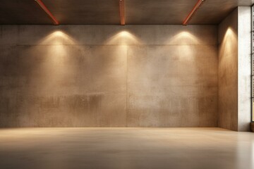 Empty loft with polished concrete floor and wall, decorated with warm hidden ceiling lights. Generative AI - obrazy, fototapety, plakaty