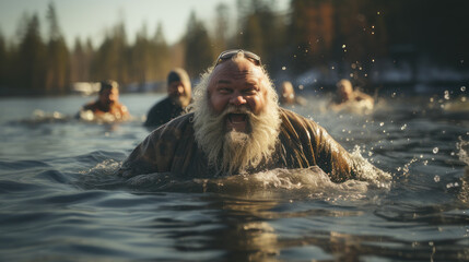 Portrait of an old overweight man with a long beard with group of friends swim in cold winter water. - obrazy, fototapety, plakaty