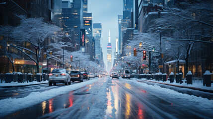 Traffic on a snowy road in Manhattan, New York City.