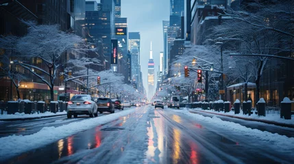 Fototapete Vereinigte Staaten Traffic on a snowy road in Manhattan, New York City.