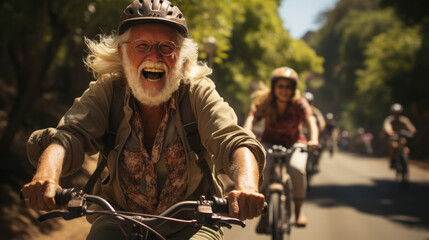 Obraz premium An elderly, joyful cyclist leads a group, setting the pace with enthusiasm and shared outdoor adventure.